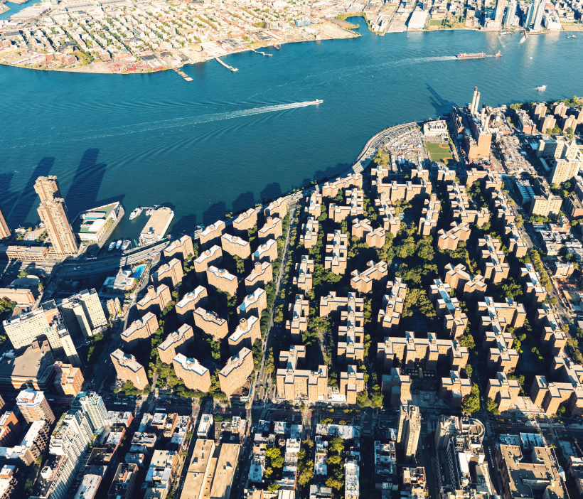 Aerial view of Stuyvesant Town-Peter Cooper Village, a 110-building, 11,229-unit residential complex in Manhattan's Gramercy/East Village neighborhood.